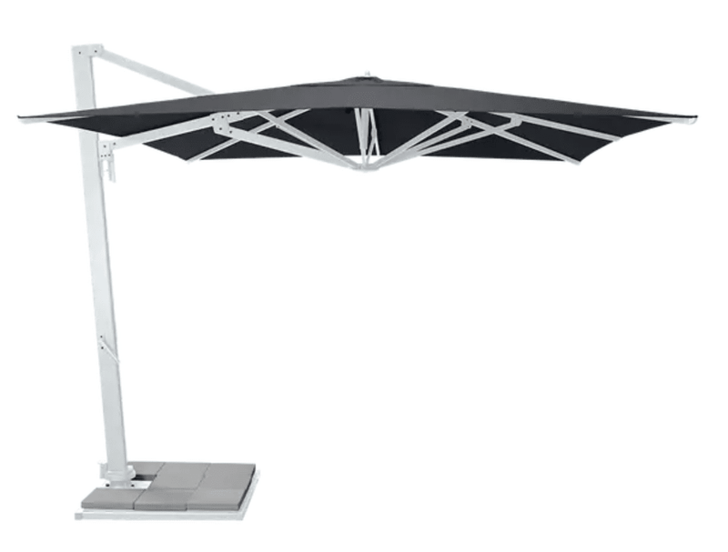 Load image into Gallery viewer, White Fermob Borée 3x3m outdoor parasol with base and sealing plate for hospitality spaces, providing shade and weather protection
