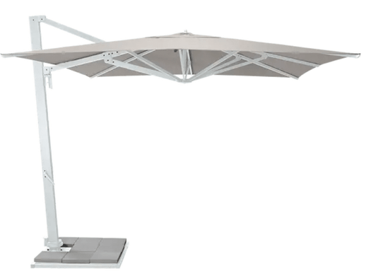 White Fermob Borée 3x3m outdoor commercial parasol with base and sealing plate, ideal for hospitality outdoor spaces.