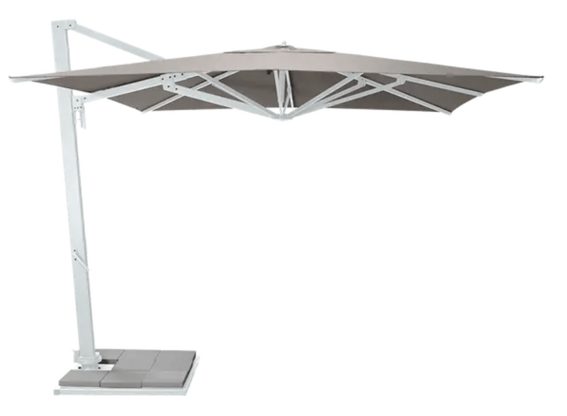 Load image into Gallery viewer, White Fermob Borée 3x3m outdoor commercial parasol with base and sealing plate, ideal for hospitality and outdoor spaces.
