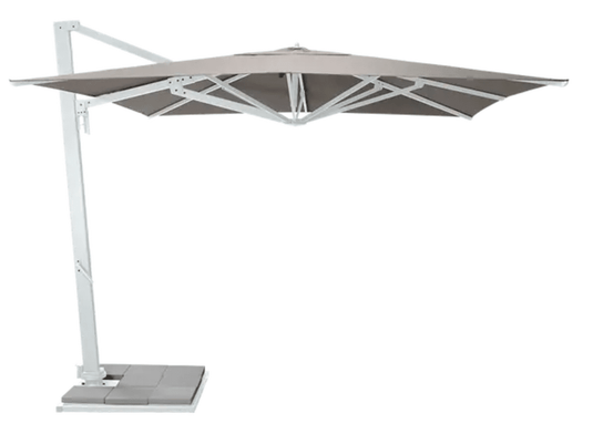 White Fermob Borée 3x3m outdoor commercial parasol with base and sealing plate, ideal for hospitality and outdoor spaces.
