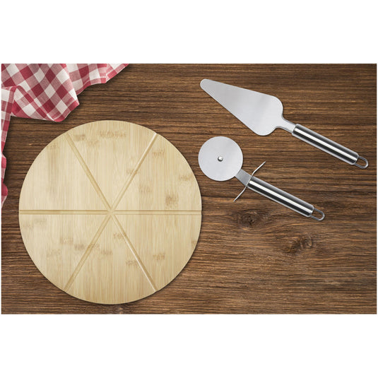 Bamboo pizza board with tools pack of 25 Custom Wood Designs __label: Multibuy branded-bamboo-pizza-board-with-tools-pack-of-25-53613648511319