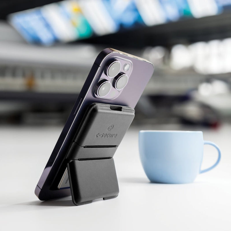 Load image into Gallery viewer, C-Secure Mag Safe phone wallet - Custom Wood DesignsC-Secure Mag Safe phone wallet attached to a smartphone, displaying card storage feature for phone and tablet accessories.Phone &amp; Tablet accessoriesP820.9901Polyurethaneblack
