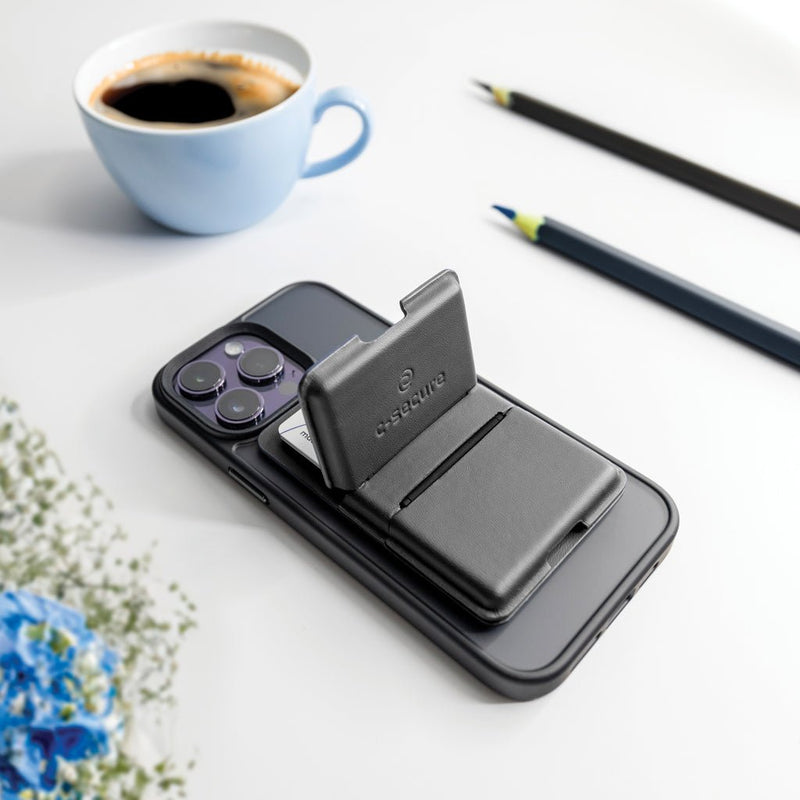 Load image into Gallery viewer, C-Secure Mag Safe phone wallet - Custom Wood DesignsC-Secure Mag Safe phone wallet attached to a smartphone, showcasing a slim, secure magnetic card holder accessory for phones and tablets.Phone &amp; Tablet accessoriesP820.9901Polyurethaneblack
