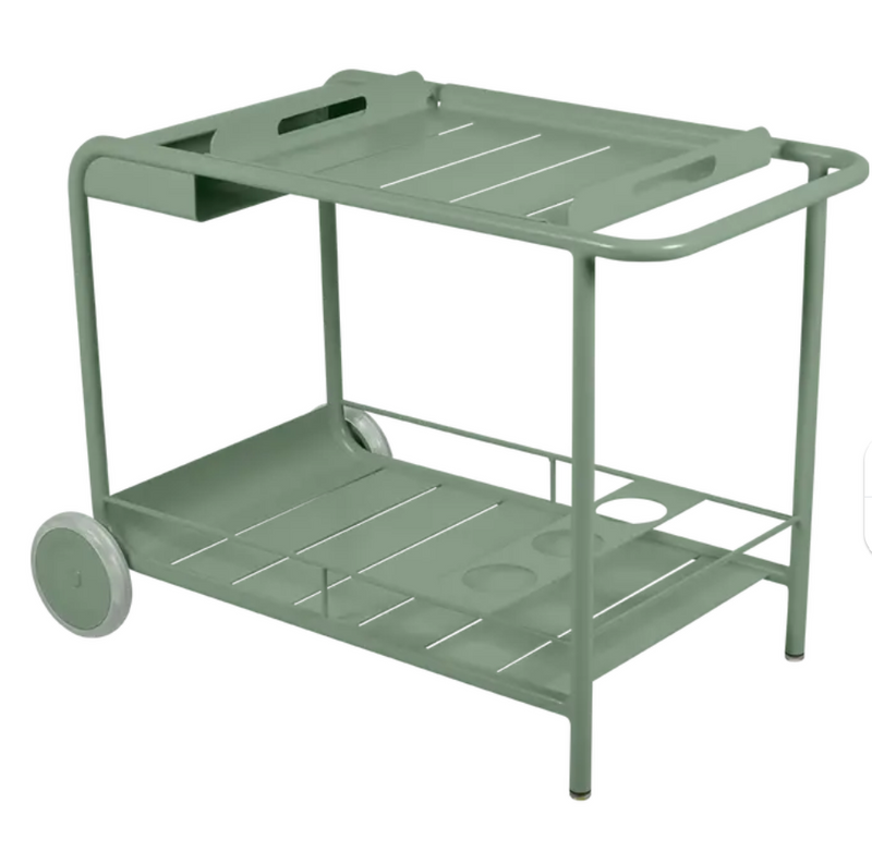 Load image into Gallery viewer, Fermob Luxembourg Side Bar trolley with wheels, featuring a cactus design, used for restaurant terrace drinks service.
