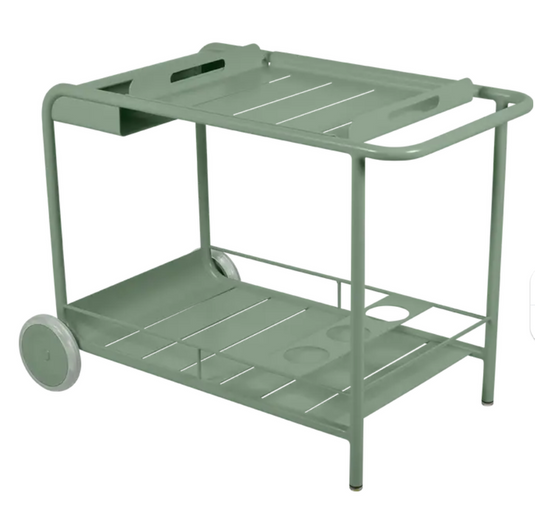 Fermob Luxembourg Side Bar trolley with wheels, featuring a cactus design, used for restaurant terrace drinks service.
