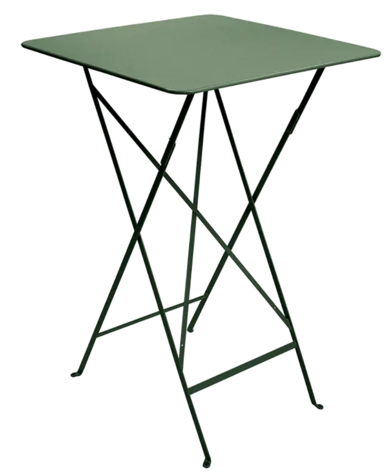 Load image into Gallery viewer, Cactus green Fermob Bistro high folding bar table on rooftop patio, compact metal design for outdoor use.
