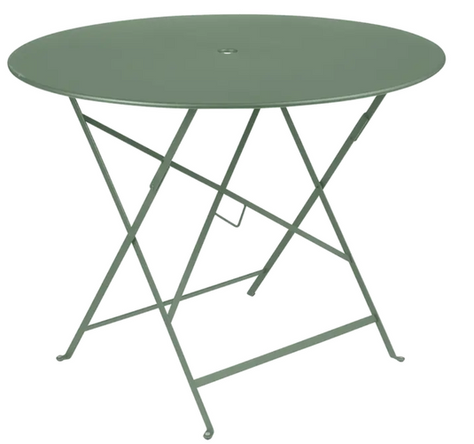 Cactus green Fermob round bistro table with folding design, Parisian style, metal construction, diameter 96 cm.