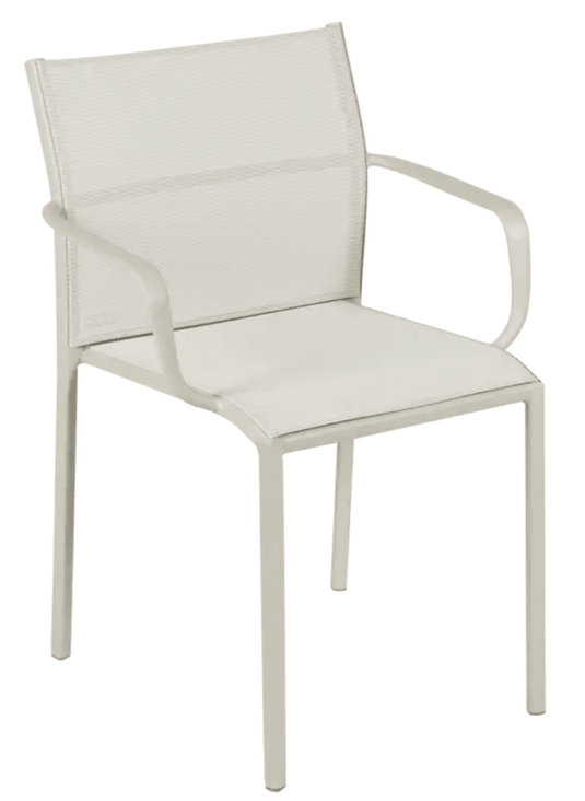 Clay grey Fermob Cadiz outdoor armchair with aluminum frame and technical fabric seat in Ireland.