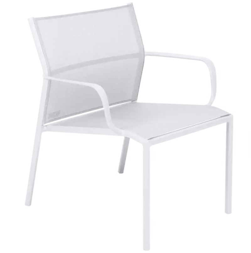 Load image into Gallery viewer, Cotton white Fermob Cadiz low outdoor armchair with aluminum frame and technical fabric upholstery, suitable for patio or garden seating.
