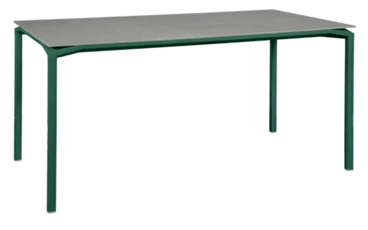 Fermob CALVI Creta Mineral dining table in Cedar Green and Grey with 160x80 cm size, six-seater for outdoor dining.