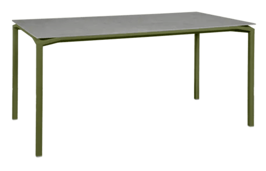 Fermob CALVI Creta Mineral dining table in Pesto Grey with 160x80 cm surface, six-seater for dining room or patio.