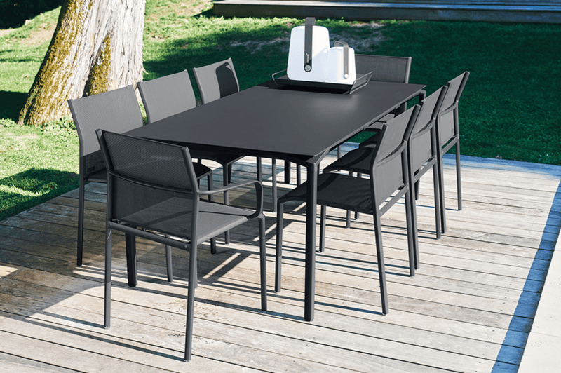 Load image into Gallery viewer, Fermob Calvi rectangular outdoor dining table, 195x95 cm, eight-seater with sturdy metal frame and slatted tabletop.
