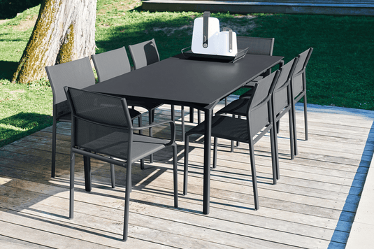 Fermob Calvi rectangular outdoor dining table, 195x95 cm, eight-seater with sturdy metal frame and slatted tabletop.