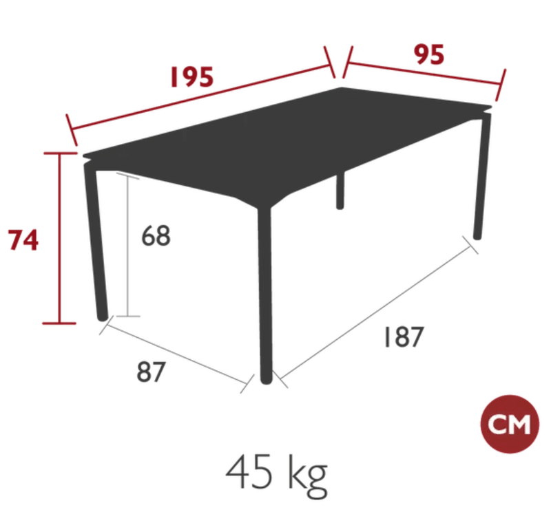 Load image into Gallery viewer, Fermob CALVI rectangular outdoor dining table, 195 x 95 cm, eight-seater, with a sleek modern design and sturdy metal construction.
