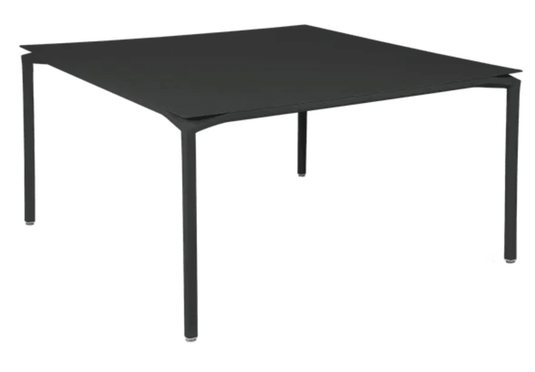 Fermob CALVI square dining table in Liquorice with 140x140 cm tabletop, eight-seater metal design, suitable for modern dining spaces.