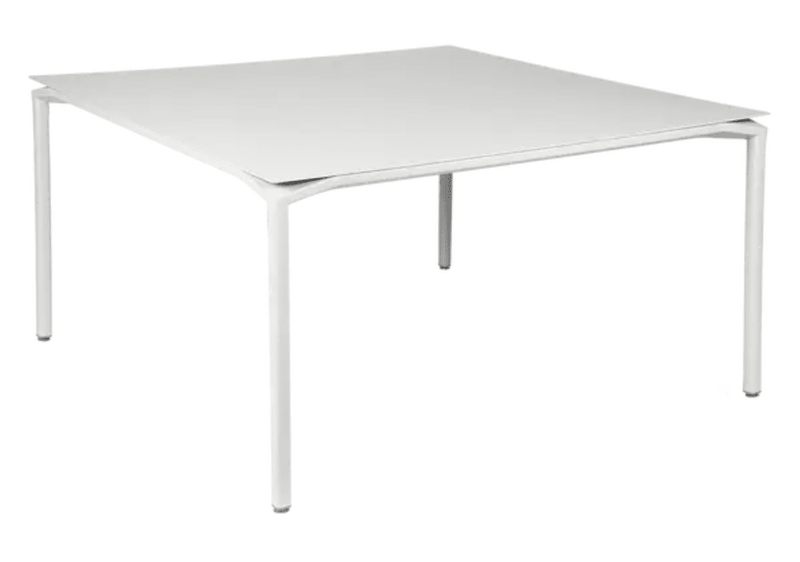 Load image into Gallery viewer, White Fermob CALVI square dining table, 140x140 cm, designed for eight seats, with a sleek metal surface.
