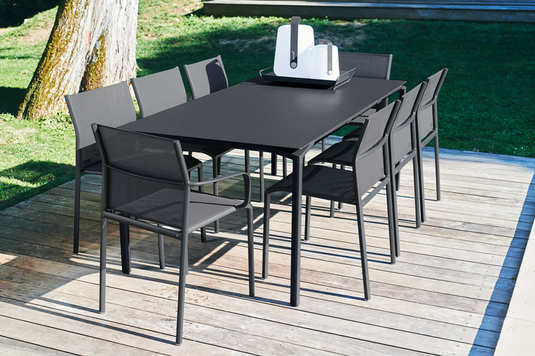 Fermob Calvi rectangular outdoor dining table, 195x95 cm, eight-seater with sturdy metal frame and slatted tabletop.
