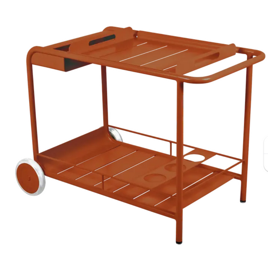 Fermob Luxembourg Side Bar Trolley with wheels, designed for restaurant terrace drinks service, featuring a sleek, mobile table.