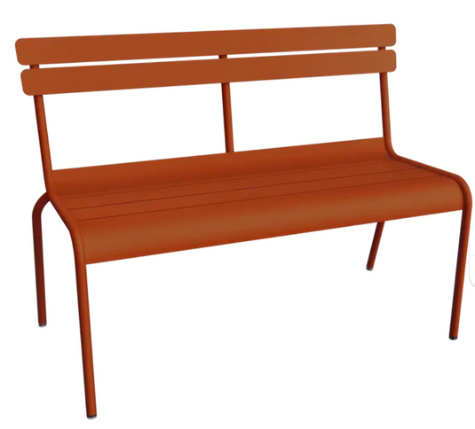 Fermob Luxembourg 2/3-seater outdoor bench with backrest in candied orange, suitable for indoor and outdoor use.