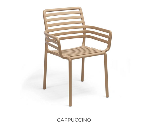Nardi Doga outdoor armchair with cappuccino-colored woven resin wicker and sleek metal legs, designed for stylish outdoor seating.