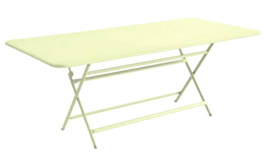Fermob Caractère foldable outdoor table, 190 x 90 cm, eight-seater, frosted lemon color, suitable for outdoor dining and gatherings.