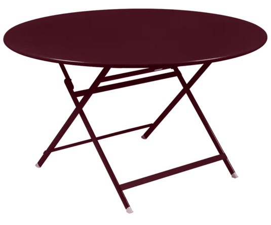 Fermob Caractère black cherry foldable metal table, 128 cm diameter, eight-seater, with a sleek black finish and sturdy design.
