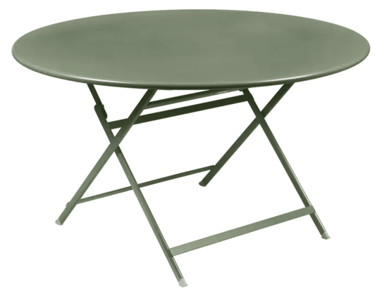Fermob Caractère foldable metal table with an Ø128 cm surface, eight-seater design, suitable for outdoor dining and gatherings.