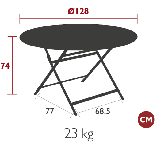 Fermob CARACTÈRE foldable metal table with a 128 cm diameter, eight-seater design, showcasing its sleek round surface and sturdy legs.