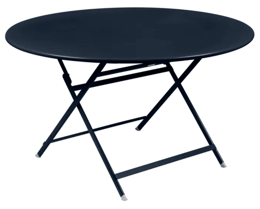 Fermob deep blue foldable metal table with 128 cm diameter, eight-seater, suitable for indoor or outdoor use.