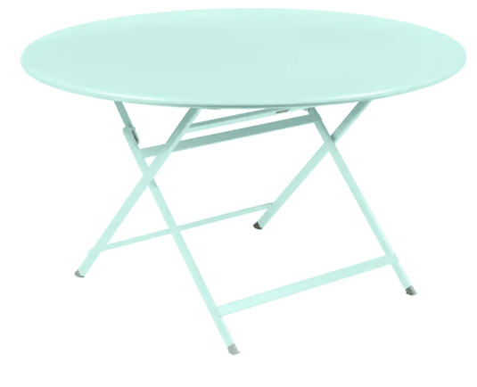 Fermob IceMint foldable metal table with 128 cm diameter, suitable for eight people, shown in a folded and open position.