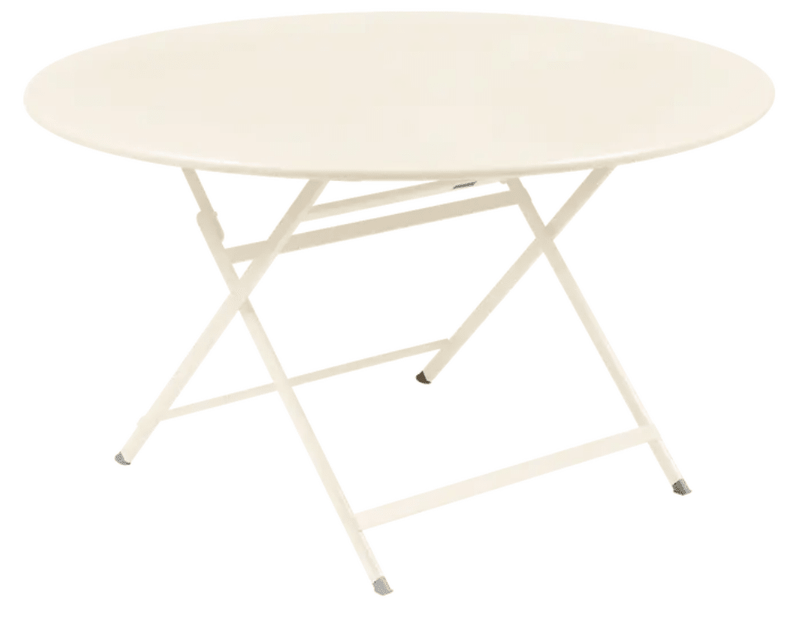 Load image into Gallery viewer, Fermob Caractère foldable metal table, 128 cm diameter, eight-seater with latte finish, shown in a foldable position for easy storage.
