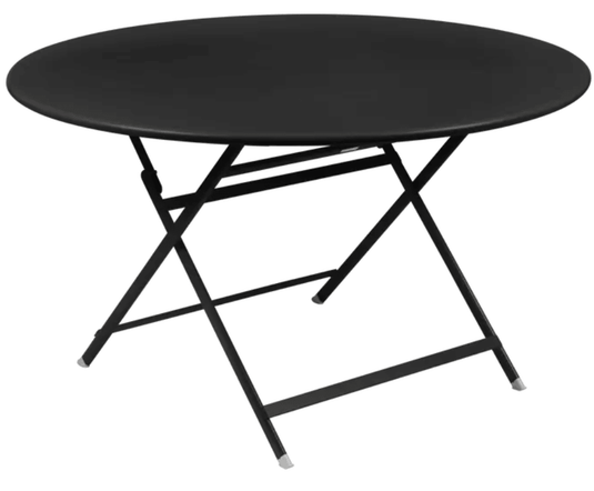 Fermob Caractère foldable metal table with 128 cm diameter, ideal for eight-seater outdoor dining, in Liquorice color.