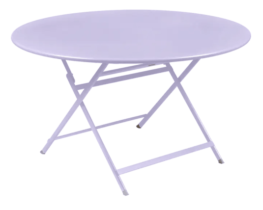 Fermob Caractère foldable metal table with 128 cm diameter, suitable for eight people, in a marshmallow color.