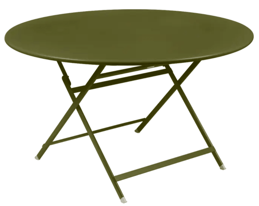 Fermob Caractère foldable metal table with 128cm diameter, eight-seater, featuring a sleek design and sturdy metal construction.