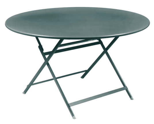 Fermob Caractère foldable metal table, Storm Grey, 128 cm diameter, eight-seater, with sleek, modern design and smooth surface.