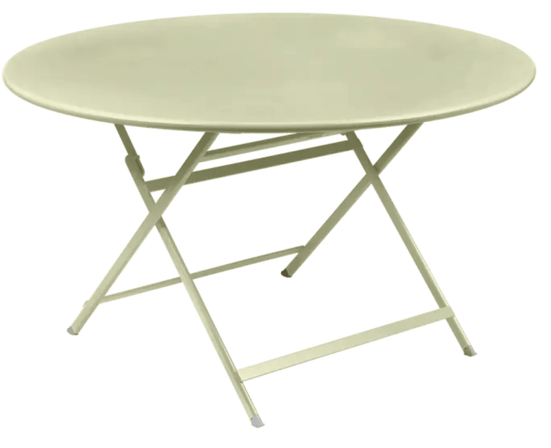 Load image into Gallery viewer, Willow green Fermob metal foldable table with 128 cm diameter, designed as an eight-seater for indoor or outdoor use.
