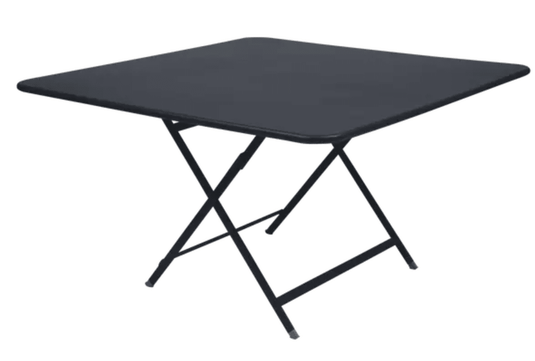 Antracite Fermob Caractère foldable outdoor table, 128 x 128 cm, eight-seater, with a sleek design and sturdy construction.