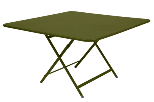Fermob Caractère foldable outdoor table in Pesto color, 128 x 128 cm, eight-seater with a sturdy design and modern style.