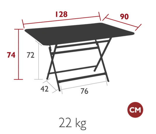 Fermob Caractère outdoor foldable metal table, 128x90 cm, six-seater, sturdy and stylish for patio or garden use.