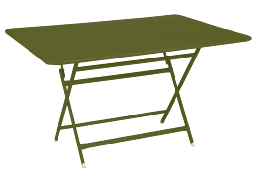 Fermob Caractère outdoor foldable metal table in Pesto green, 128x90 cm, six-seater, suitable for patio or garden dining.