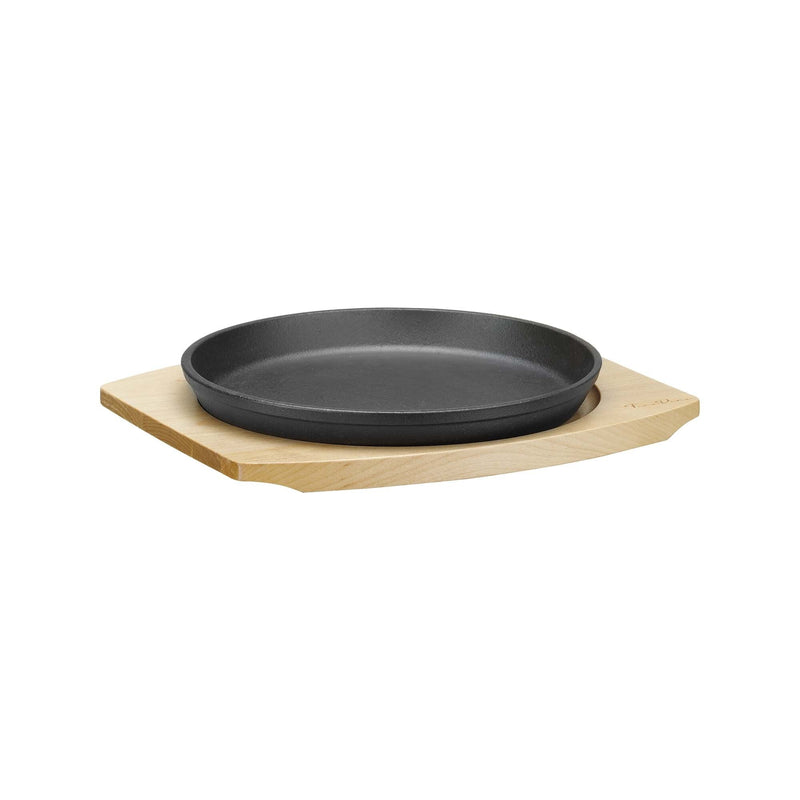 Load image into Gallery viewer, Cast iron serving pan Ø220mm with wooden base and handle, 270×230×(h)40 mm - Custom Wood DesignsCast iron serving pan with wooden base and handle, 220mm diameter, by Fine Dine, showing the pan's size and rustic design.cast iron serving pan626900
