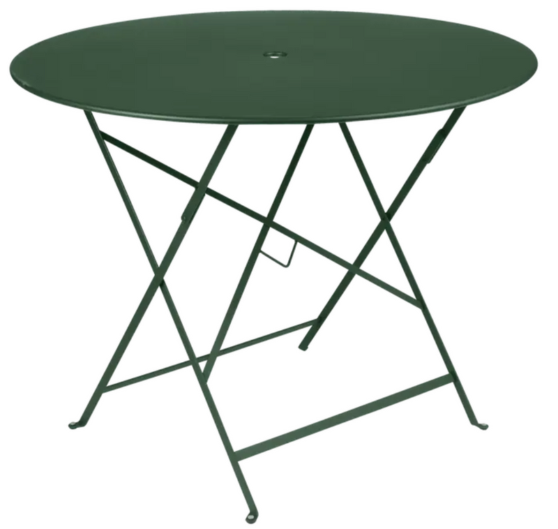 Load image into Gallery viewer, Fermob cedar green round Bistro Table Ø 96 with metal surface and central parasol hole for outdoor restaurant use
