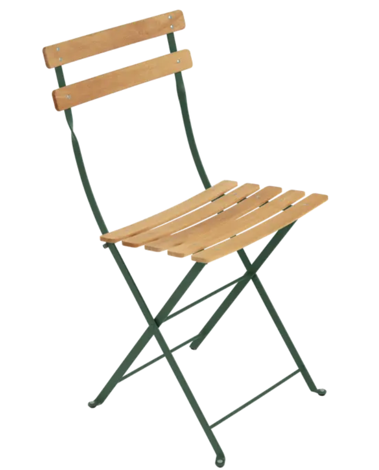 Load image into Gallery viewer, Cedar green Fermob Bistro Natural folding chair with wooden seat and metal frame, outdoor furniture for patio or garden.
