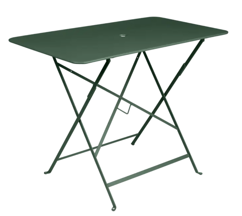 Load image into Gallery viewer, Cedar green Fermob metal foldable bistro table 97x57 cm with a Parisian style rectangular design.
