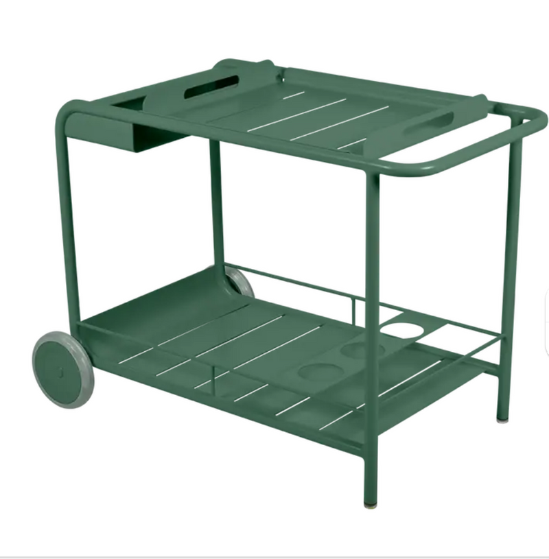 Load image into Gallery viewer, Cedar green Fermob Luxembourg Side Bar trolley with wheels, ideal for restaurant terrace drinks service.

