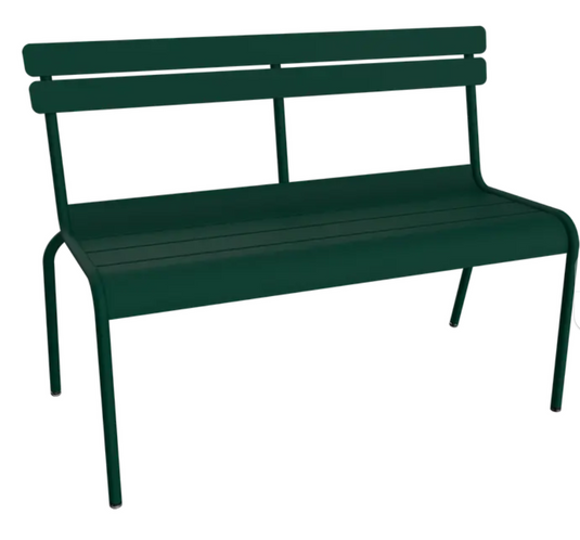 Fermob Luxembourg outdoor cedar green 2/3-seater bench with backrest, ideal for garden or hallway seating.
