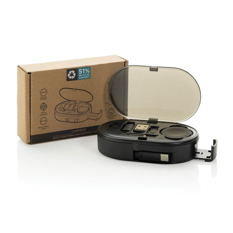 Load image into Gallery viewer, Chargevix RCS rplastic Multi-functional 60W charging set - Custom Wood DesignsChargevix RCS plastic 60W multi-functional charging set for phones and tablets by XD Collection, shown with cables and adapters.Phone &amp; Tablet accessoriesP302.9001Recycled ABS,Thermoplastic Elastomer (TPE)black
