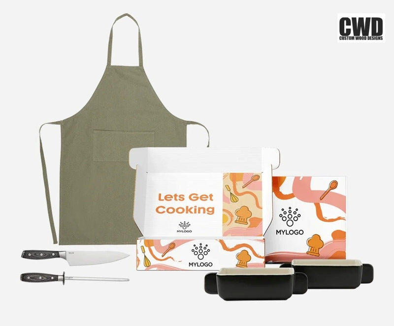 Load image into Gallery viewer, Chefs Gift Set Box - Custom Wood DesignsCustom Wood Designs chef gift set box with wooden utensils and accessories, presented in a branded logo box.Gift Set Box24575223145687
