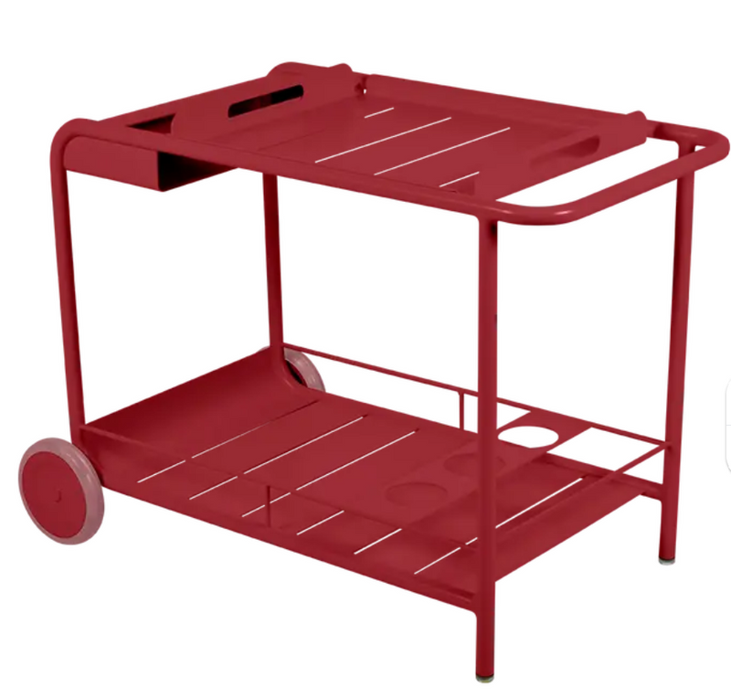 Load image into Gallery viewer, Fermob Luxembourg Side Bar Trolley with wheels, used for restaurant terrace drinks service, featuring a stylish design and mobile functionality.
