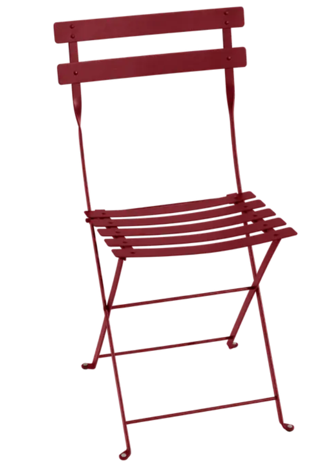 Load image into Gallery viewer, Fermob Chilli Red Bistro Metal Folding Chair with honey-colored finish, suitable for outdoor cafe or patio seating.
